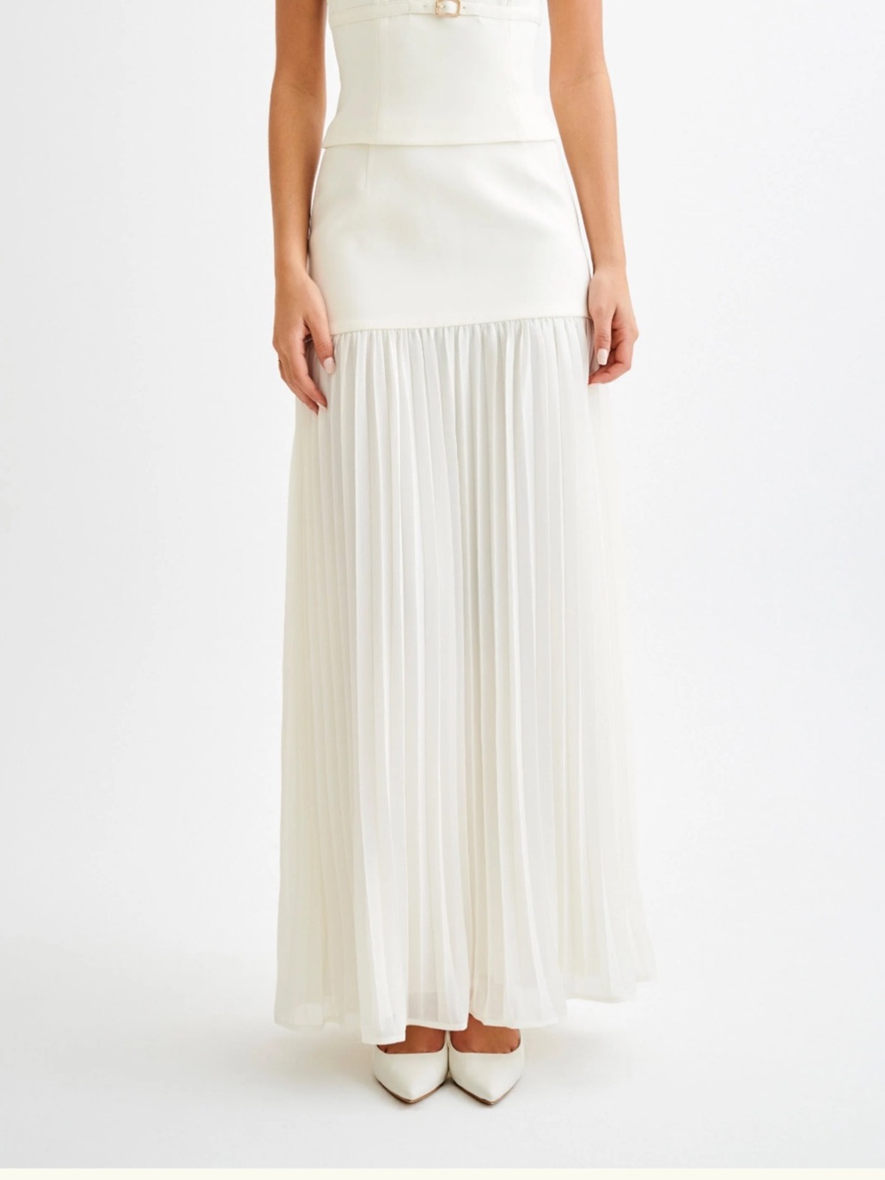 Meshki Jillian Pleated Maxi Skirt and Brigette Boatneck Longline Top (Ivory)